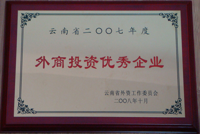 2007年度“云南省外商投资先进企业”奖牌